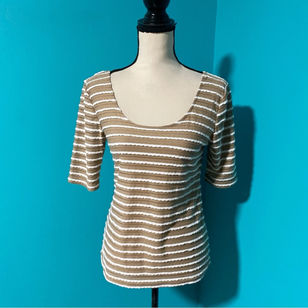 Anthropologie Sunday In Brooklyn M Brown White Striped Textured Scoop Neck Top